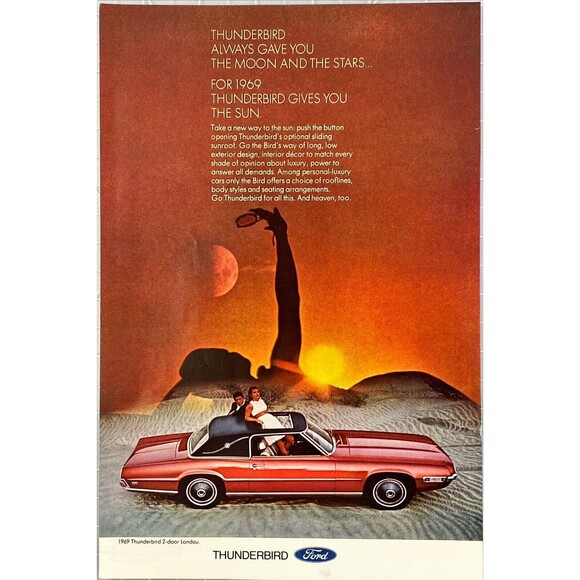 Ford Thunderbird "For 1969 Thunderbird Gives You the Sun" Vintage Print Ad 1969 - Picture 1 of 3